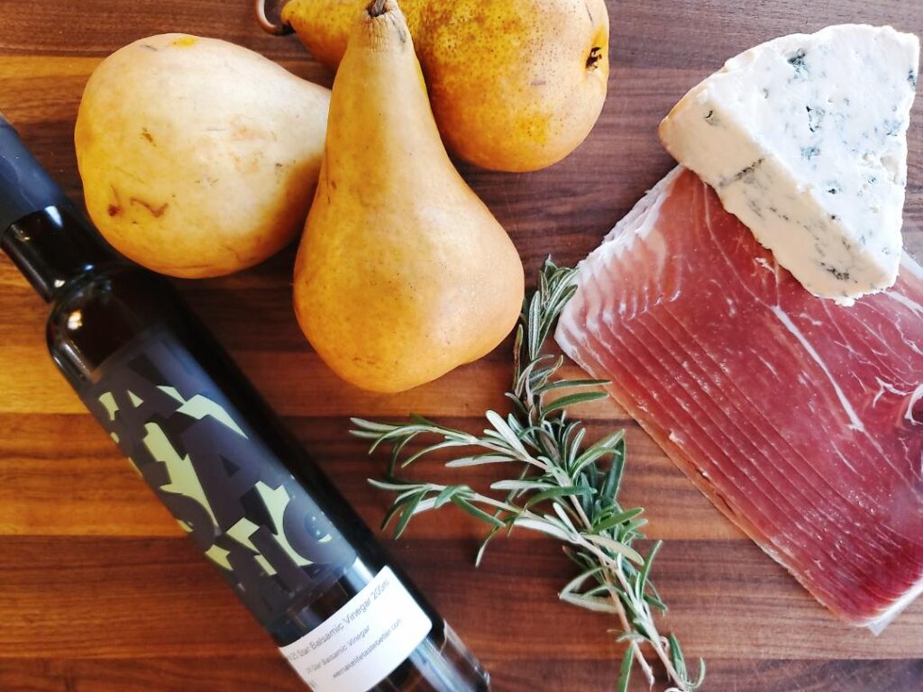 Bosc pears, prosciutto, moody blue cheese, rosemary, balsamic vinegar are all the ingredients needed for these little gems.