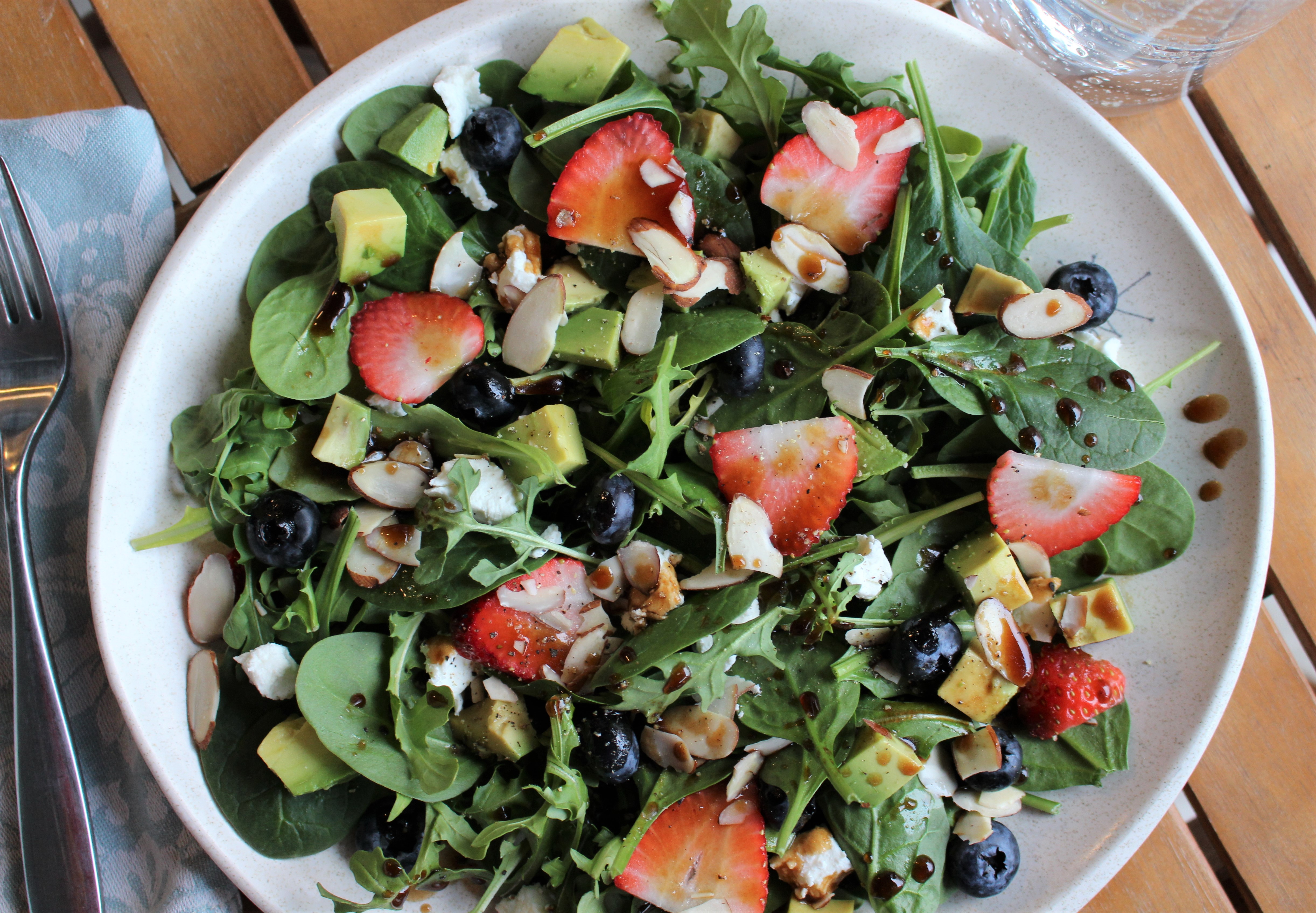 Berry Avocado Salad with almonds and Honey Balsamic Dressing