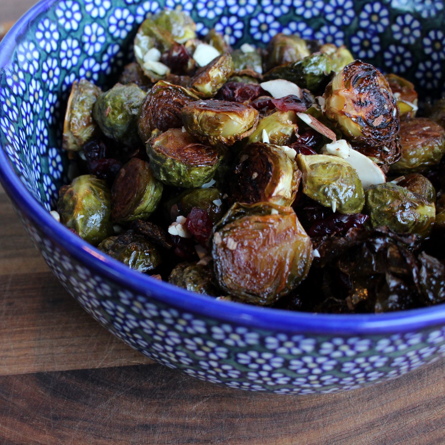 Carmelized Brussels Sprouts with sliced almonds and cranberries.