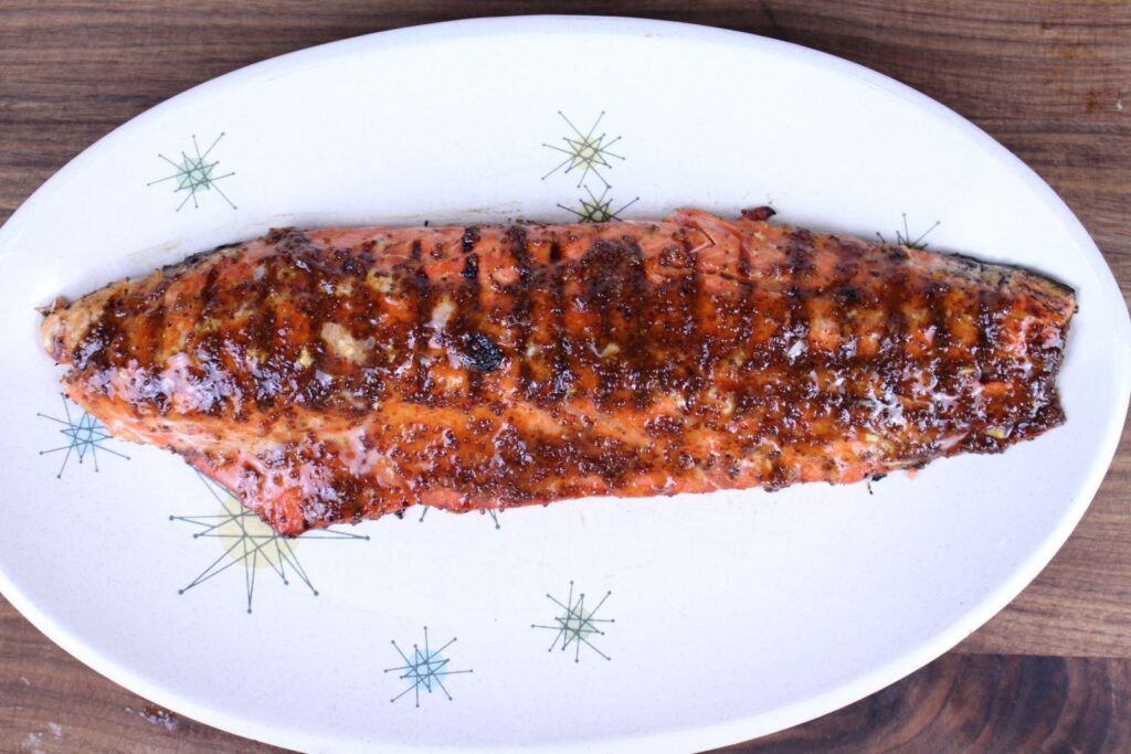 grilled glazed salmon on platter