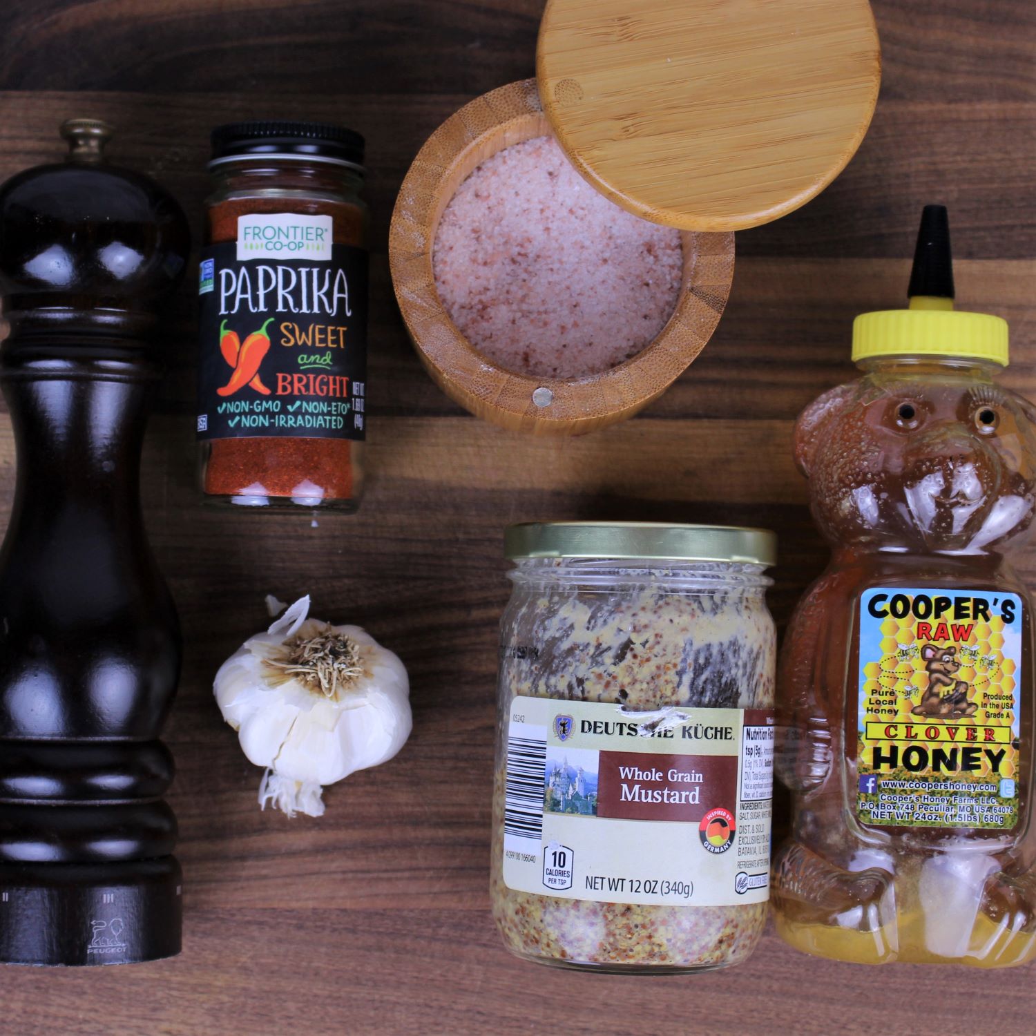 Ingredients needed for marinade: mustard, honey, paprika, garlic