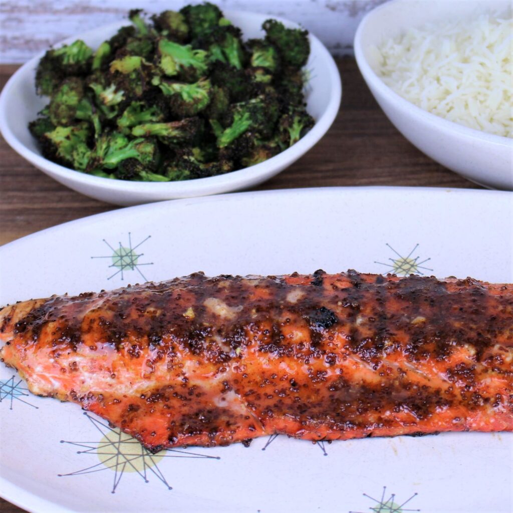 Glazed & Grilled salmon with roasted broccoli and rice