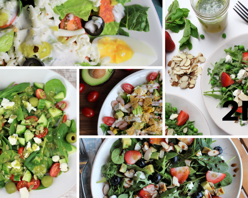 collage of 5 healthy homemade salad dressings