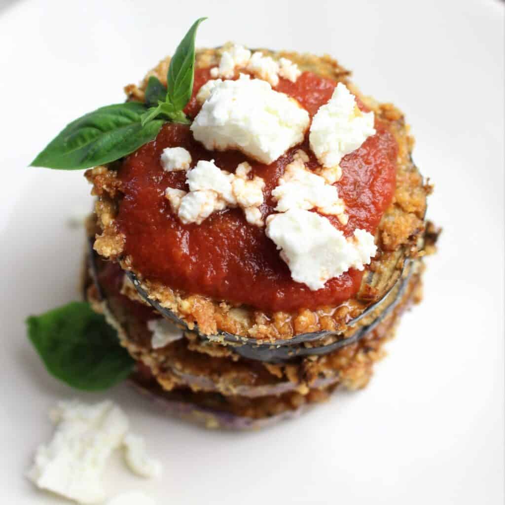 air fryer eggplant parmesan with pizza sauce and goat cheese