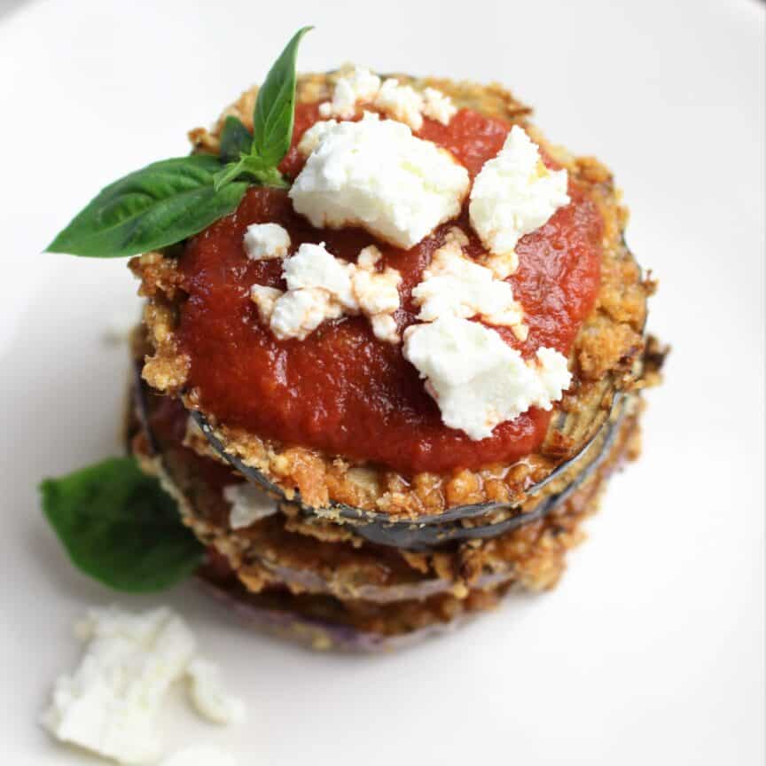 air fryer eggplant parmesan with piza sauce and goat cheese