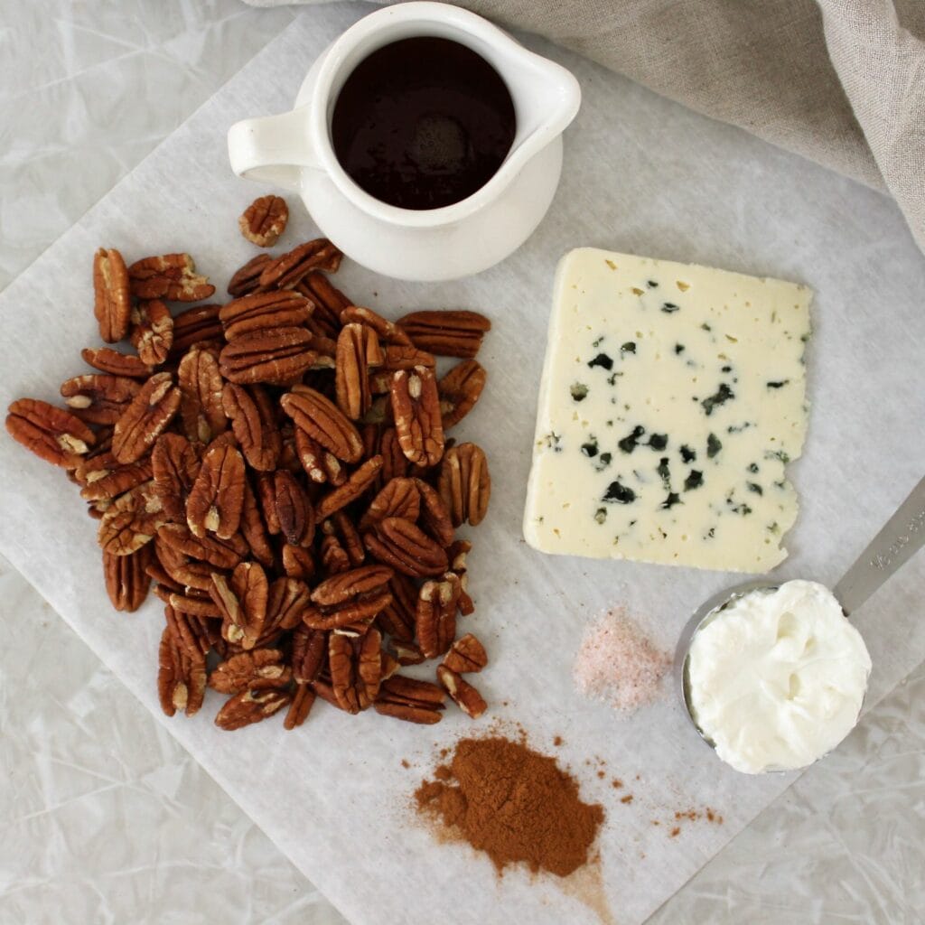 ingredients for maple glazed pecans stuffed with blue cheese