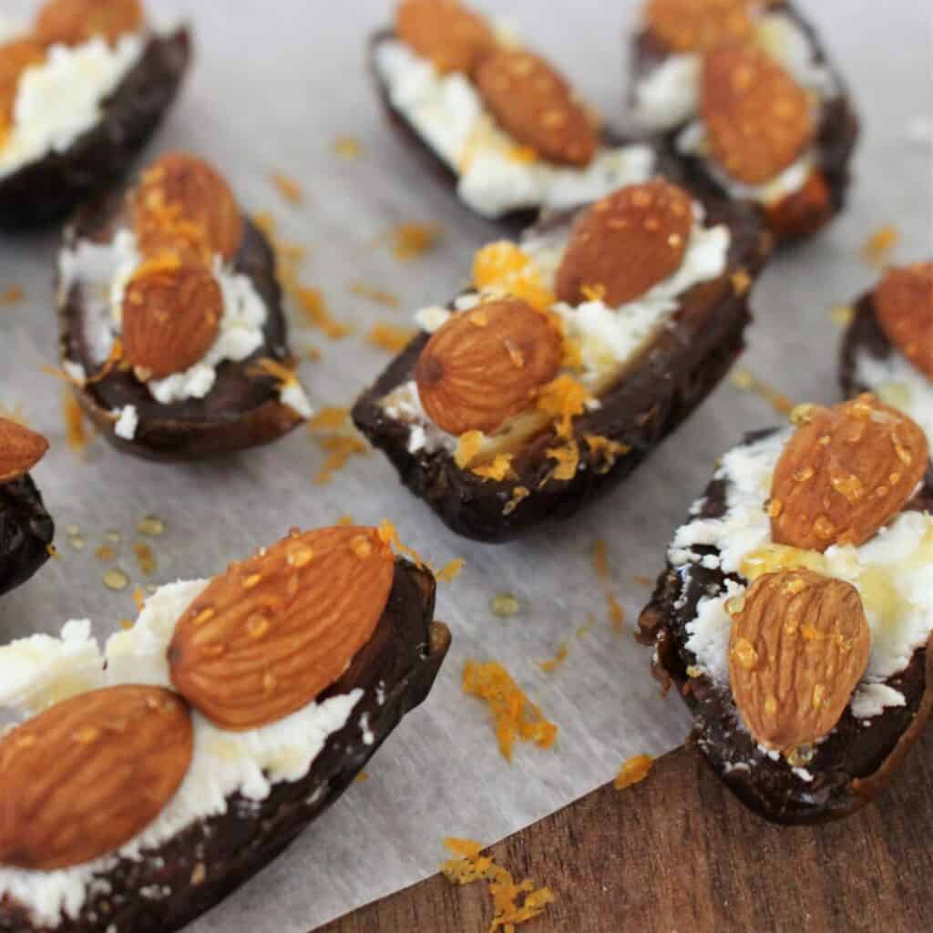 dates stuffed with goat cheese, whole almonds and drizzled with honey