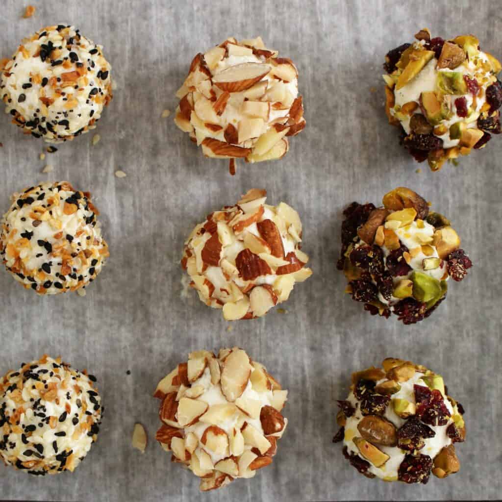 Goat cheese balls rolled in different tasty toppings.
