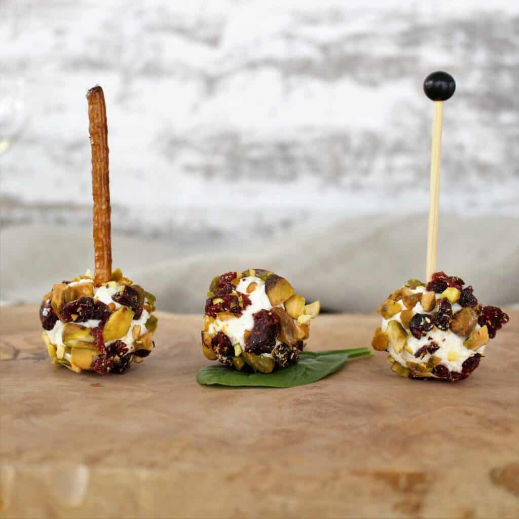 3 different ways to serve this easy appetizer: pretzel stick, spinach leaf, or party pick.