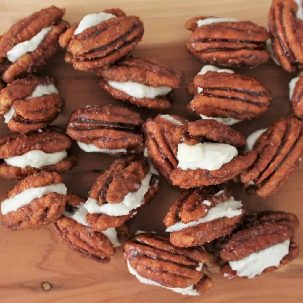 pile of maple glazed pecans stuffed with blue cheese cream