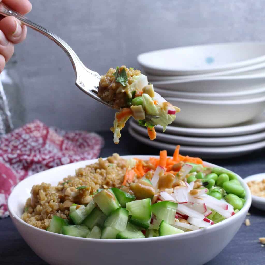 Fork full of quinoa, napa cabbage, edamame, and peanut dressing, all the delicious components of this Thai Nourish Bowl.