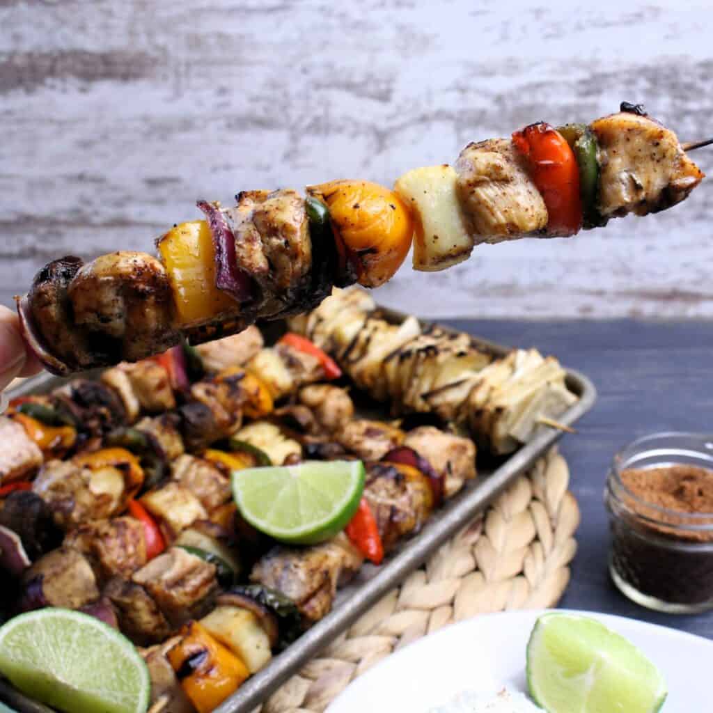 Grilled chicken fajita kabob with bell peppers, mushrooms, chicken and onions.