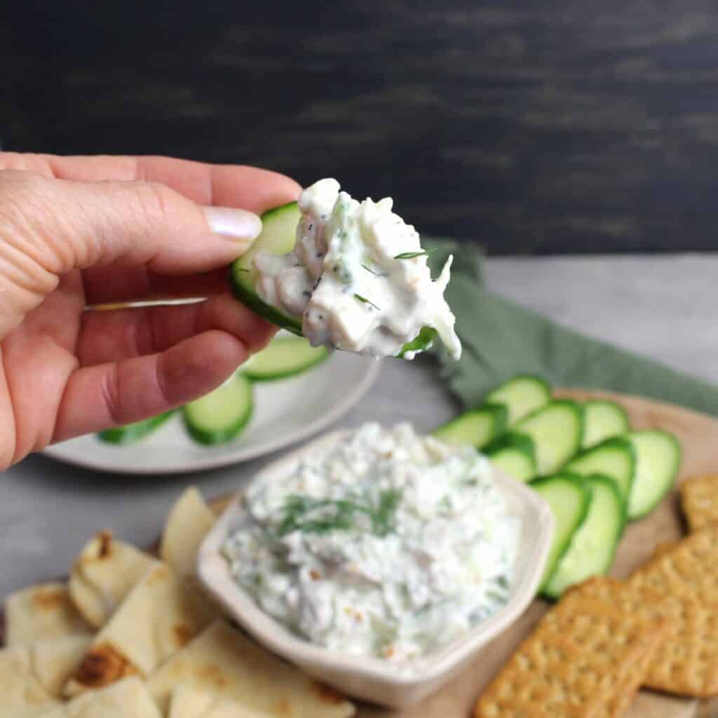 Cucumber slice with a dallop of Chicken Salad with Tzatziki.