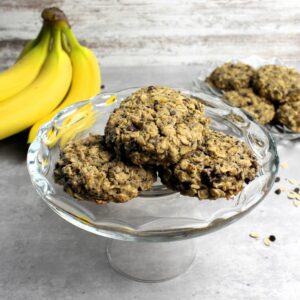 Wholesome and healthy banana peanut butter breakfast cookie on glass plate.