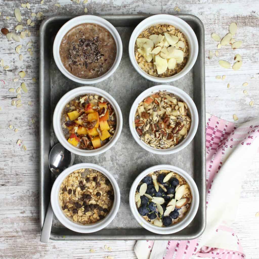 Variations of overnight oats in ramekins. 