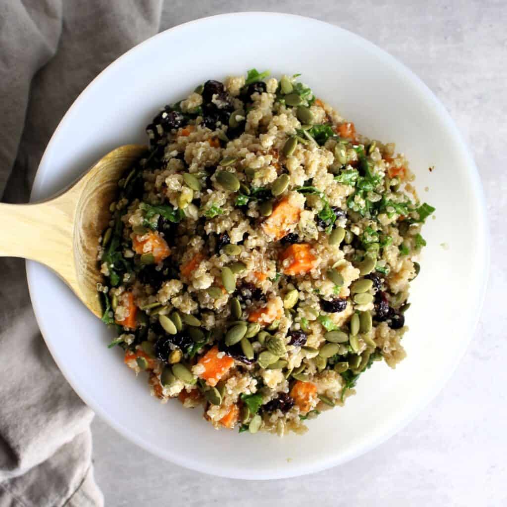 Colorful bowl of autumn quinoa salad all mixed up and ready to enjoy.