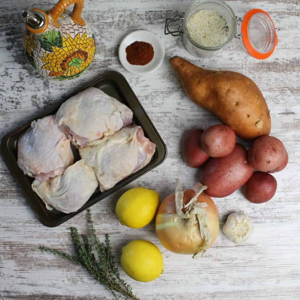 Ingredients for tray baked chicken thighs, choose your favorite root veggies to roast.