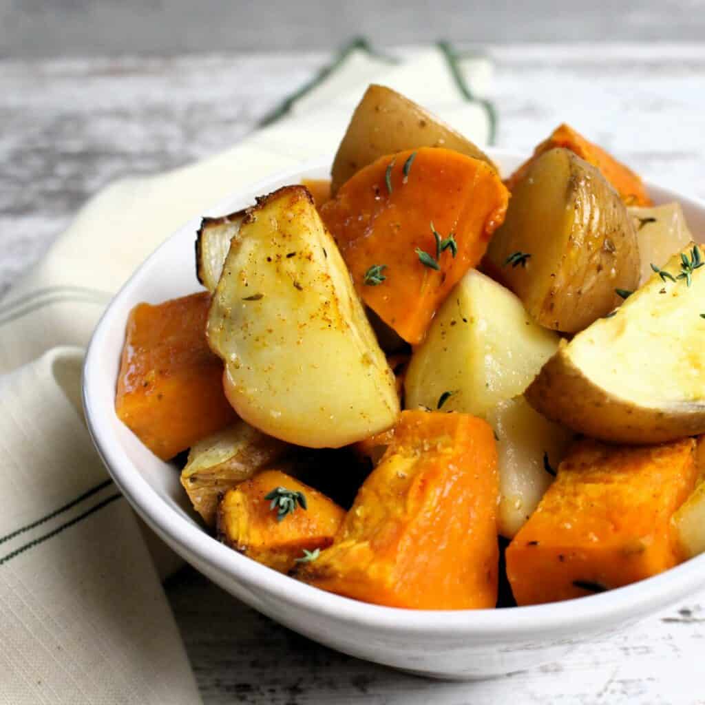 Red potatoes, sweet potatoes, onions and garlic baked to perfection.