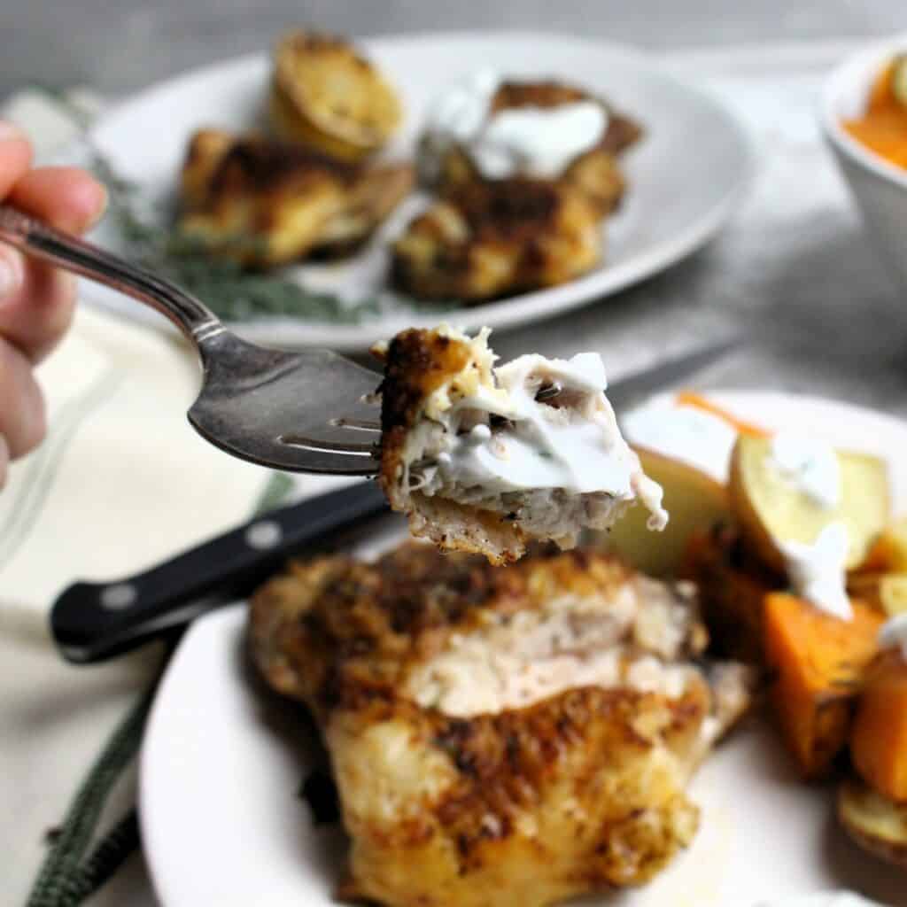 Fork full of chicken with Greek yogurt sauce.