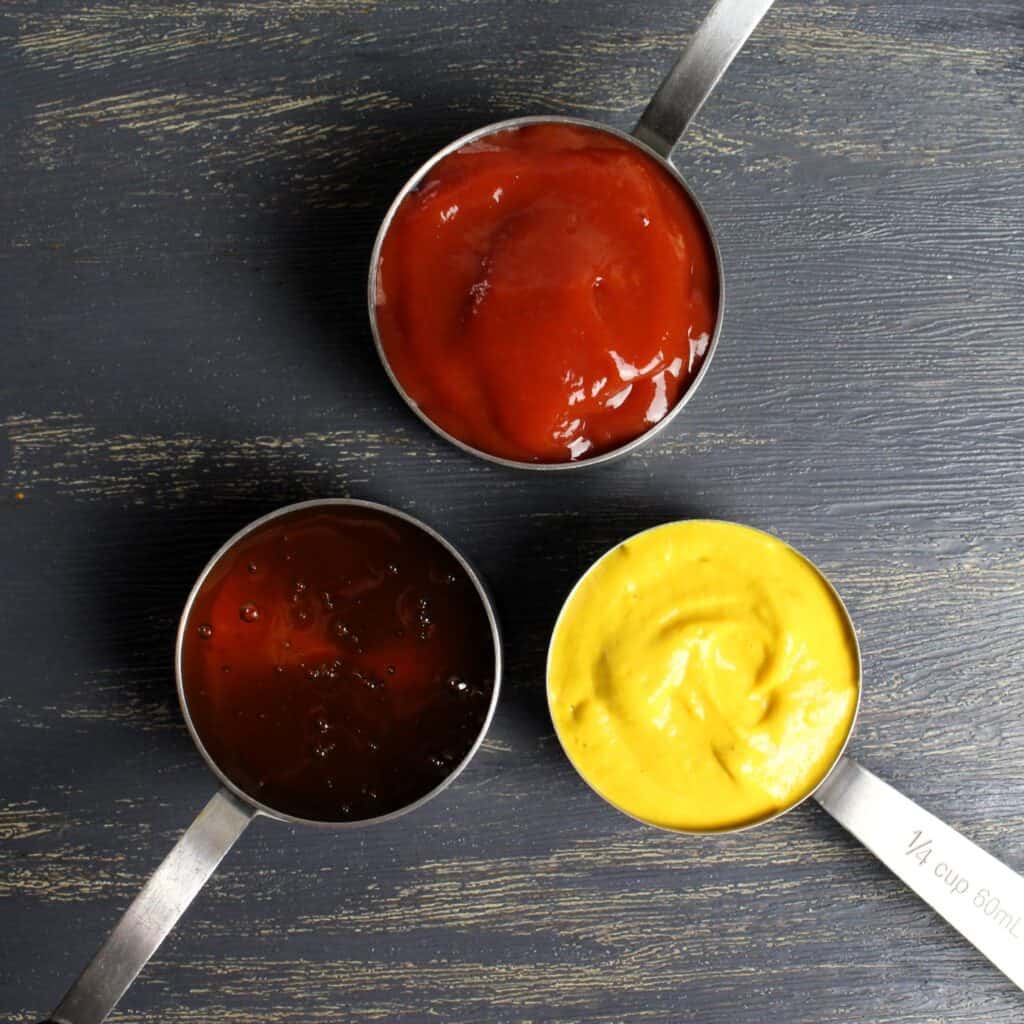 The meatloaf glaze is a simple combination of ketchup, mustard, and honey.