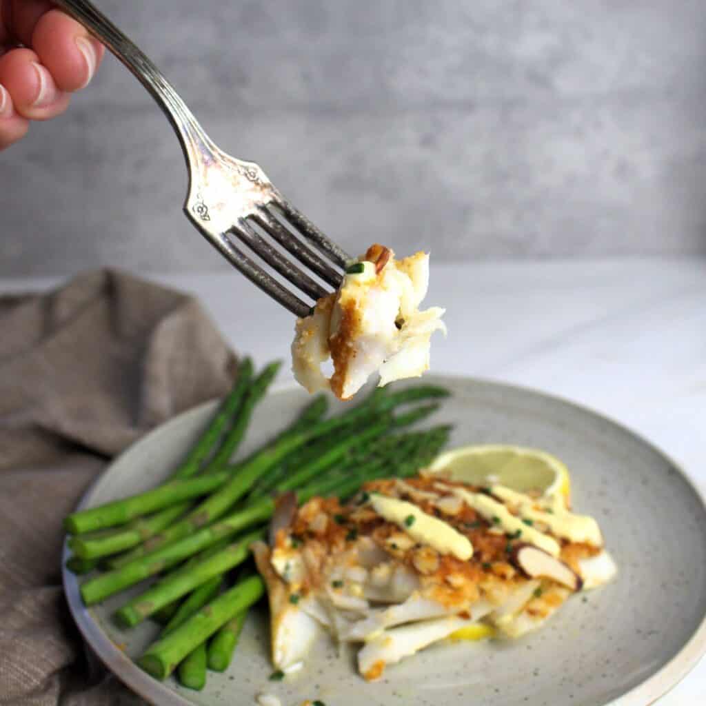 Forkful of almond encrusted cod.