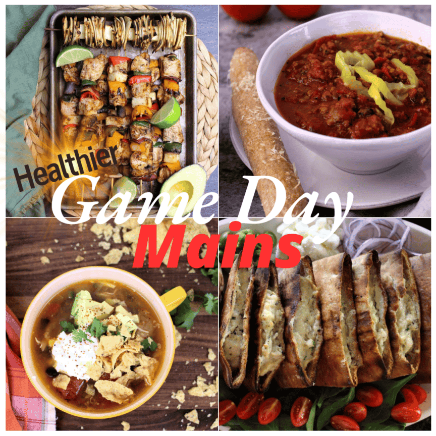 Four delicious main dishes for game day: fajita kabobs, pizza chili, salsa verde chicken soup, and chicken pita pockets.