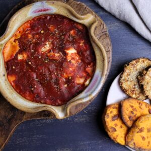 Baked Goat Cheese Dip with Marinara fresh out of the oven with a side of air-fried sweet potato and eggplant.