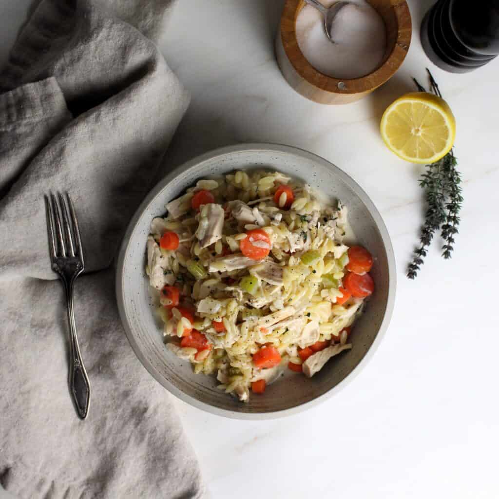 Cozy chicken orzo in a bowl ready to warm you up.