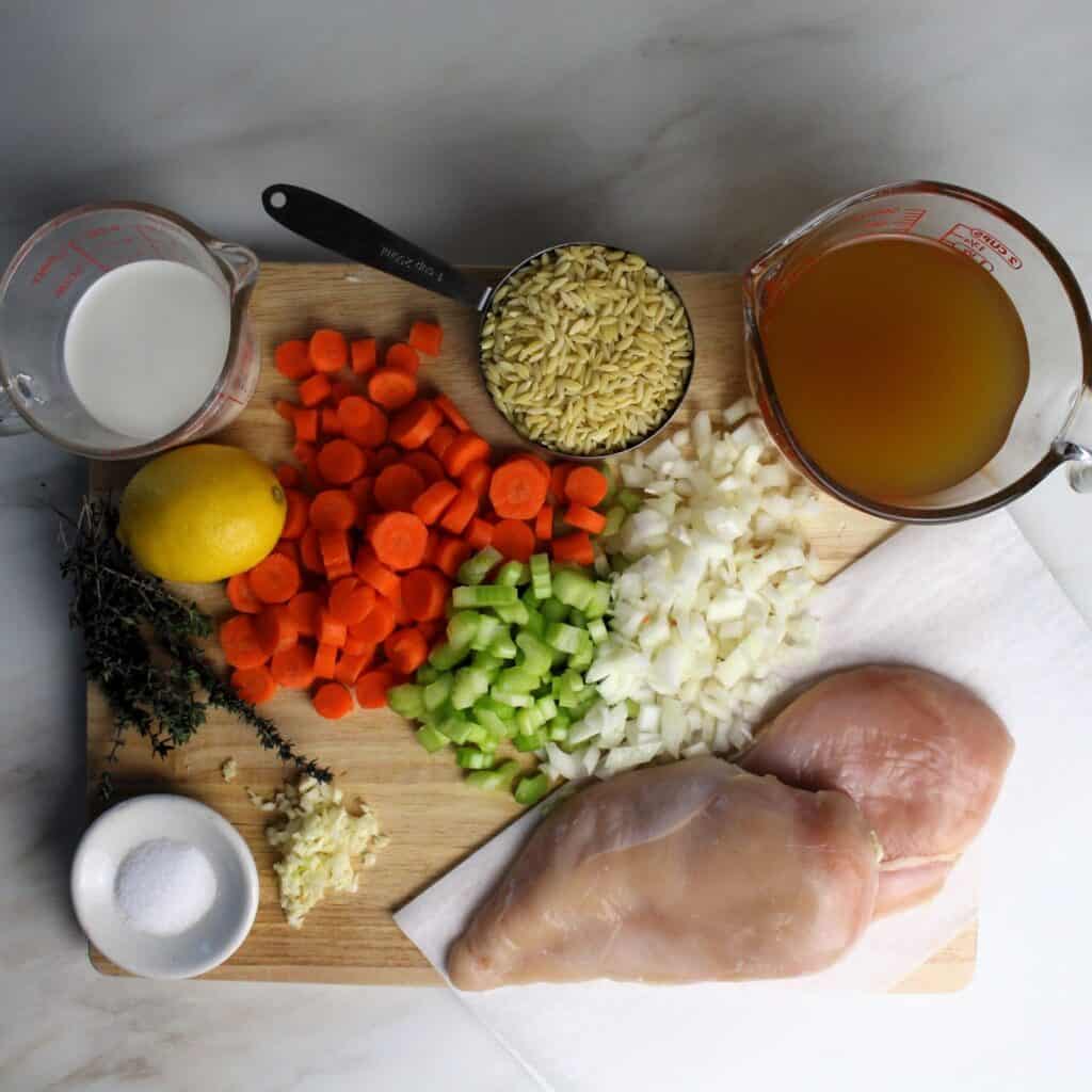 Ingredients needed for chicken orzo bake.